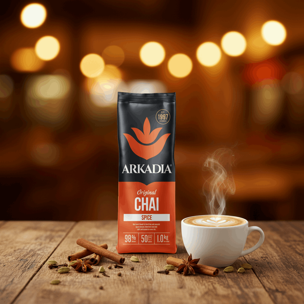Arkadia Original Spice Chai latte powder pouch on white background