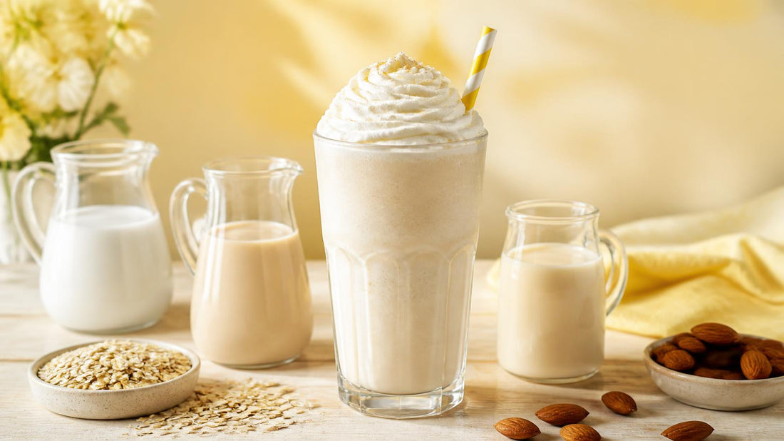 A creamy frappe topped with whipped cream next to jugs of dairy, oat and almond milk