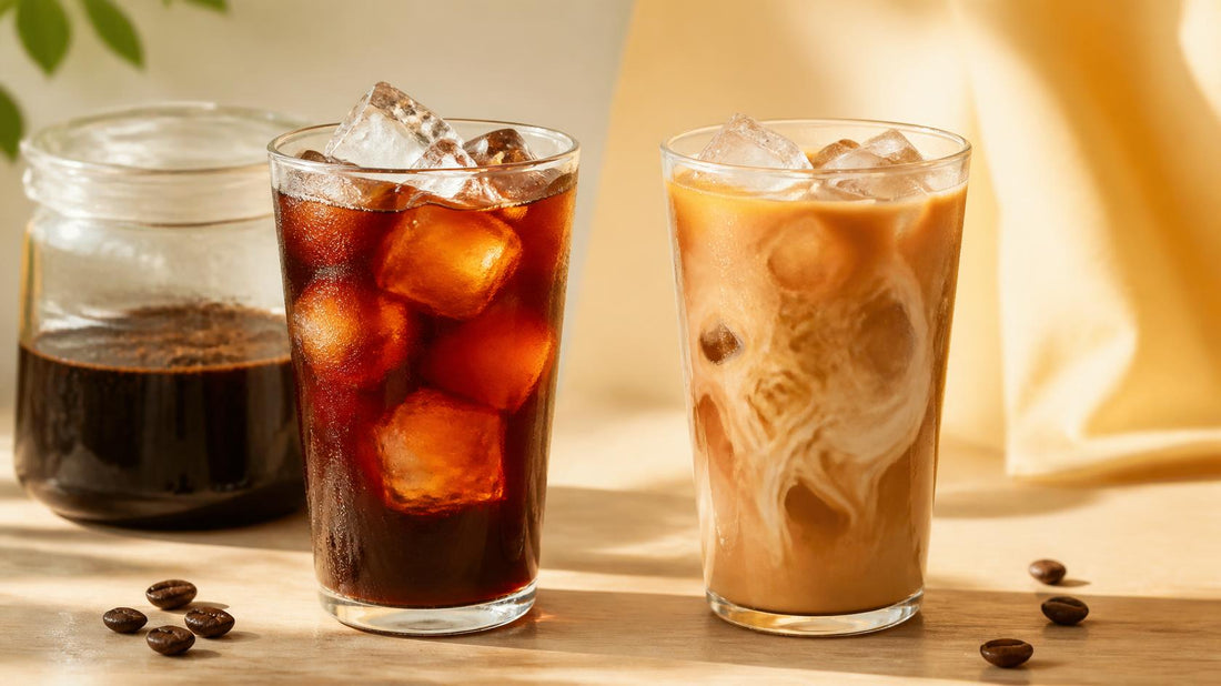 A glass of black cold brew over ice beside a milky iced coffee on a timber bench