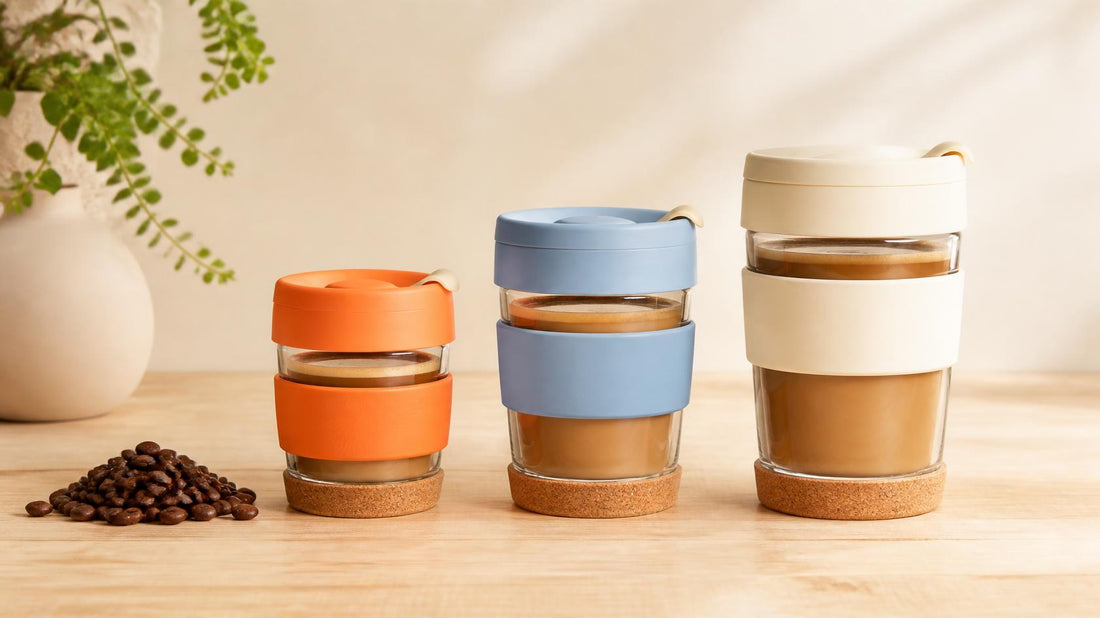 Small, medium and large reusable coffee cups in orange, blue and cream lined up on a bench