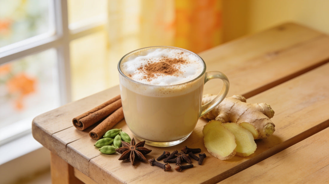 A glass mug of masala chai latte dusted with cinnamon, surrounded by cinnamon sticks, cardamom, star anise, cloves and fresh ginger