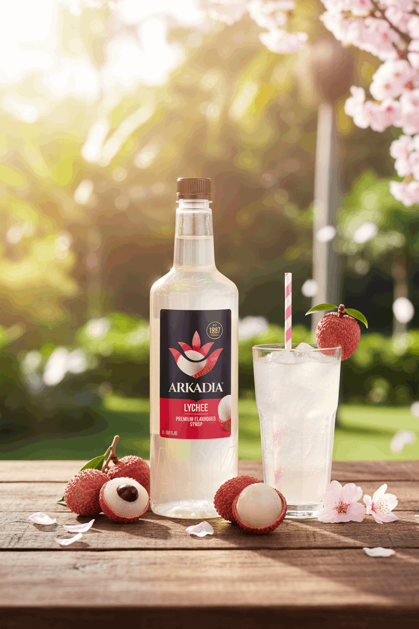 Arkadia Lychee syrup 1L bottle, back label