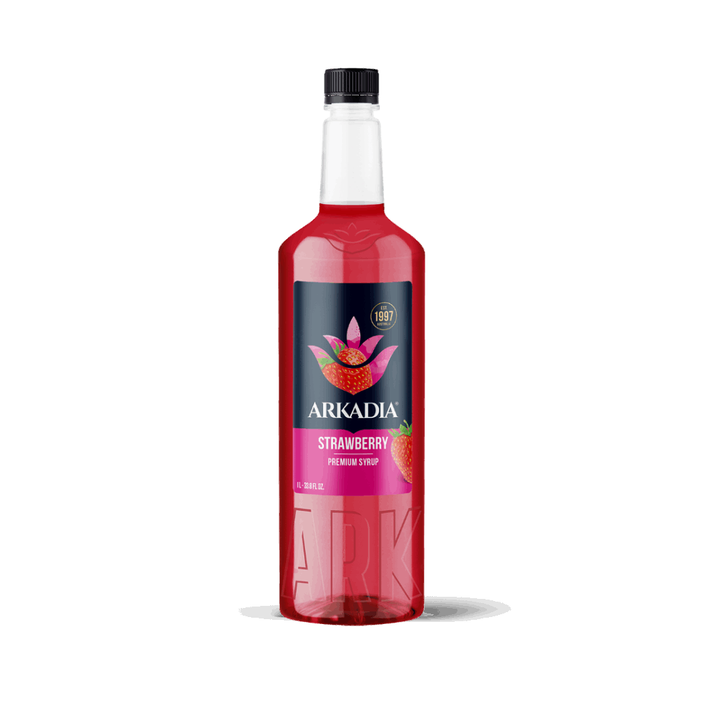 Red bottle of Arkadia strawberry syrup on a white background