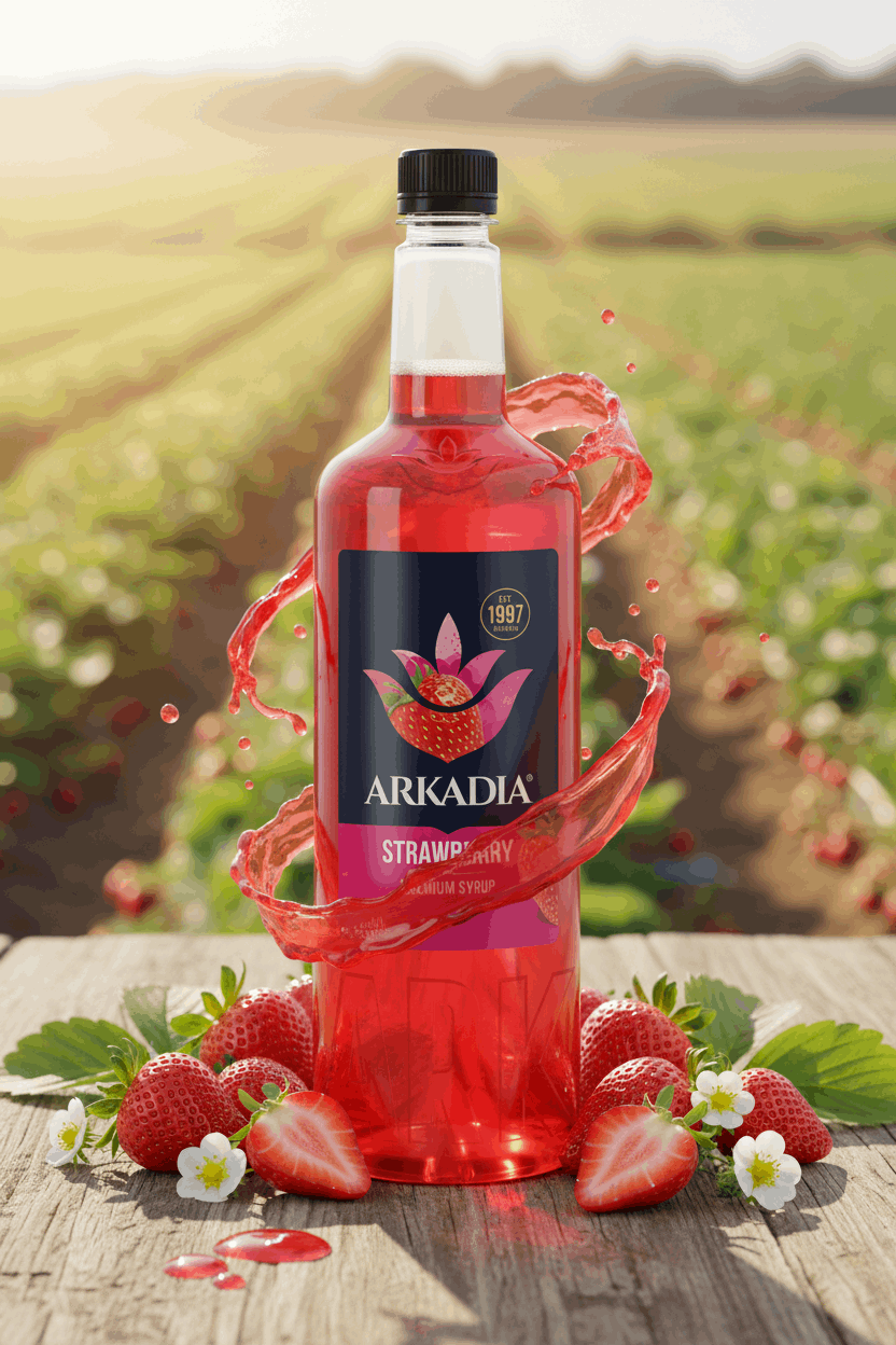 Arkadia Strawberry syrup 1L bottle, back label