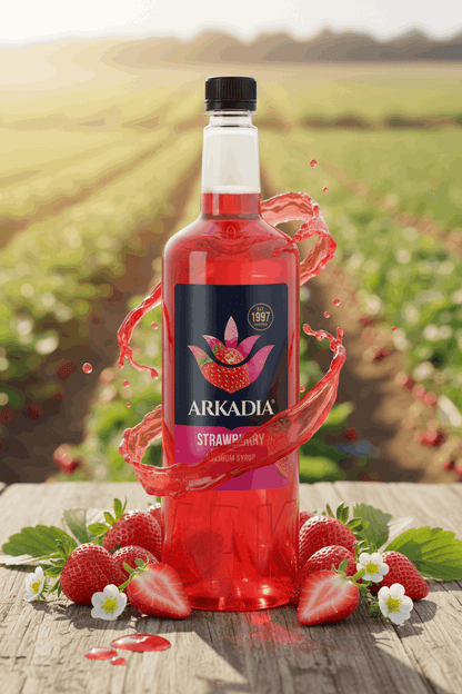 Arkadia Strawberry syrup 1L bottle, back label
