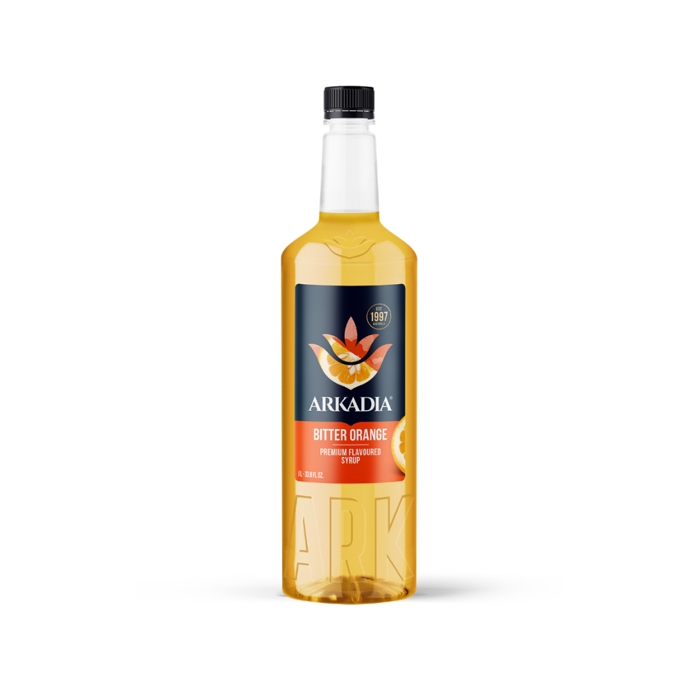 Bottle of Arkadia Bitter Orange syrup on a white background