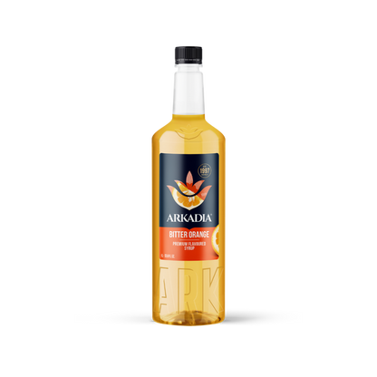 Bottle of Arkadia Bitter Orange syrup on a white background