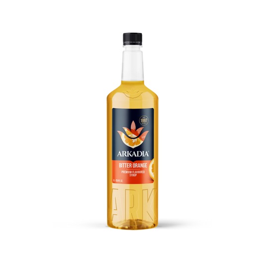 Bottle of Arkadia Bitter Orange syrup on a white background
