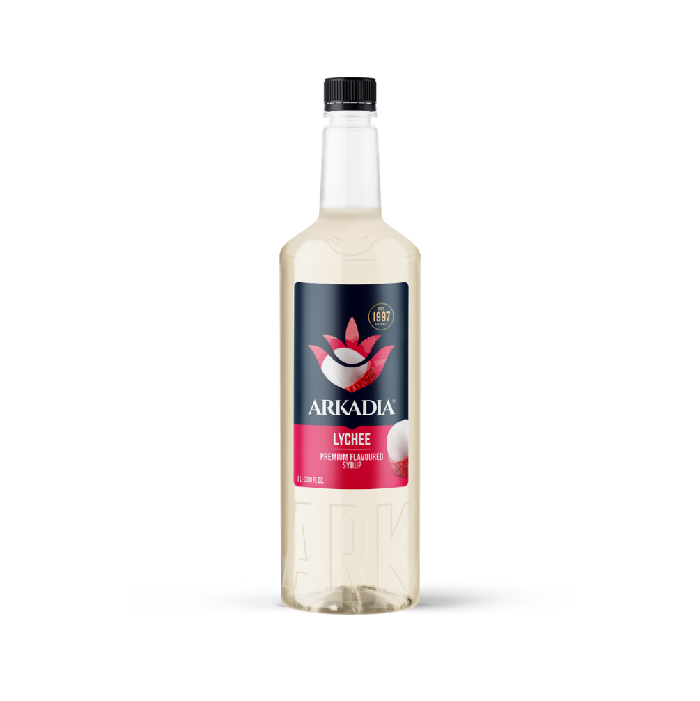 Bottle of Arkadia Lychee syrup on a white background