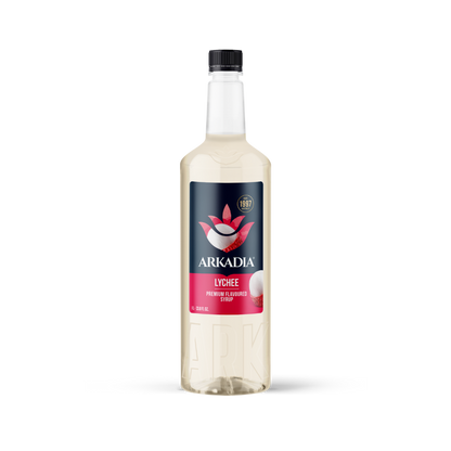 Bottle of Arkadia Lychee syrup on a white background