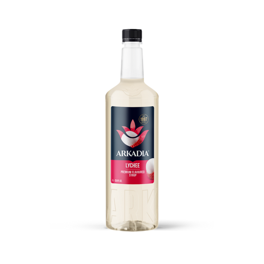 Bottle of Arkadia Lychee syrup on a white background