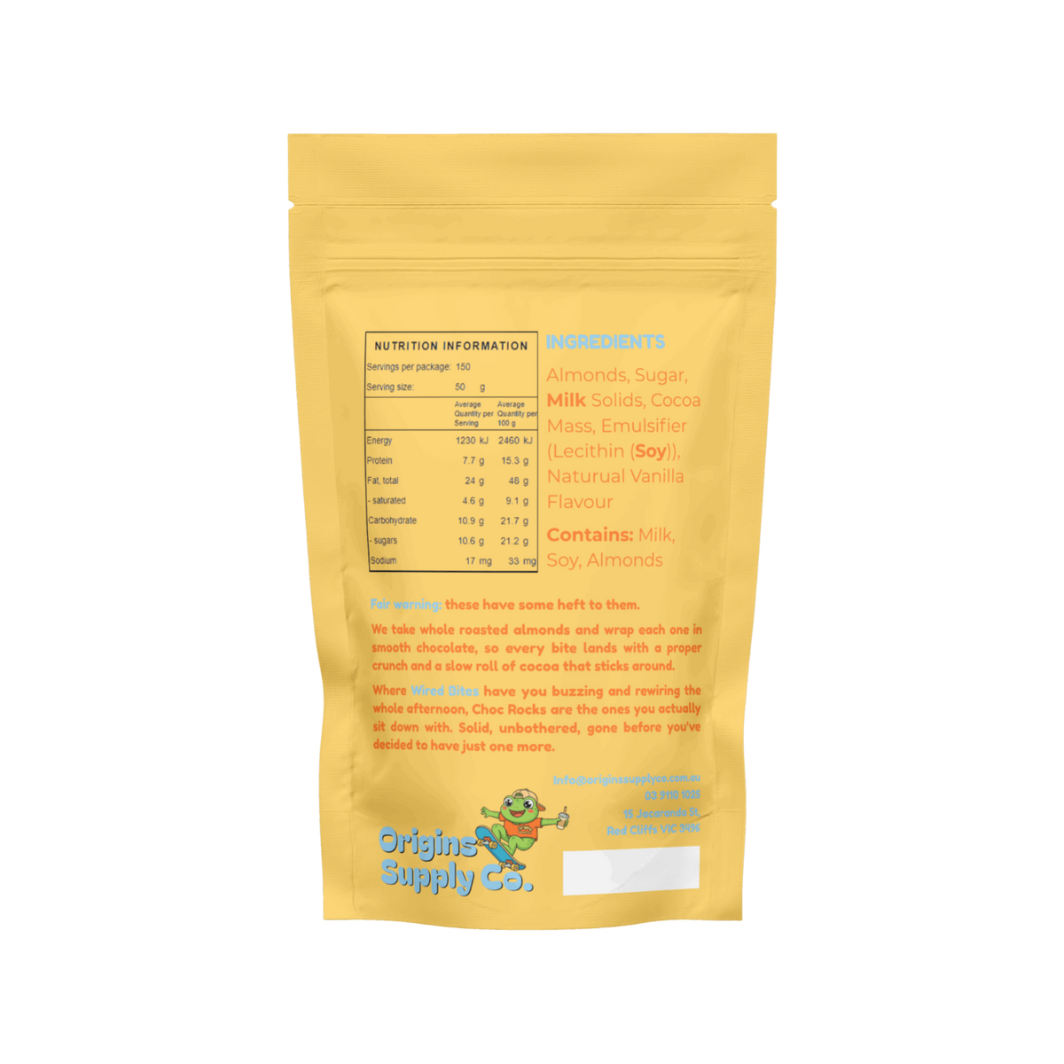 A yellow stand-up pouch of Origins Supply Co. chocolate-covered almonds, showing the back side of the packaging with nutritional information, ingredients list, and a cartoon mascot on a white background.