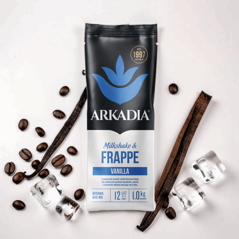 Arkadia vanilla frappe blended drink in a glass