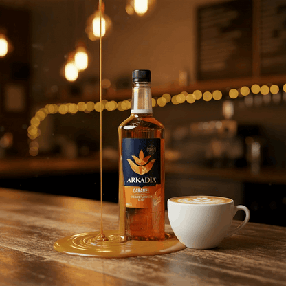 Arkadia Caramel syrup with a coffee drink