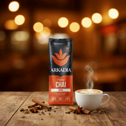 Arkadia Original Spice Chai latte powder pouch on white background