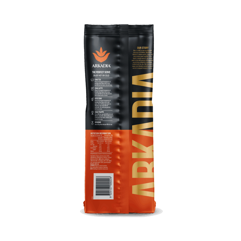Arkadia Original Spice Chai latte powder pouch, back of pack