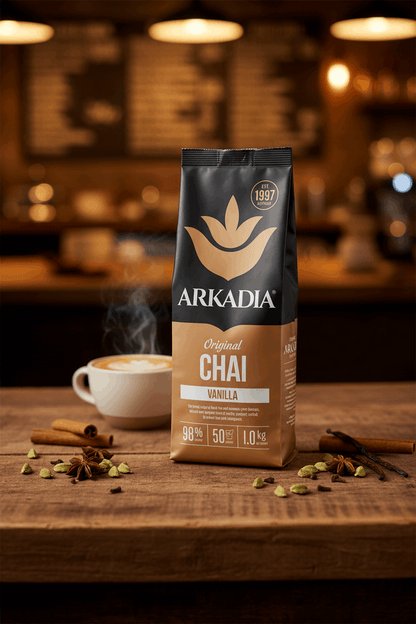 Arkadia Original Vanilla Chai latte powder pouch on white background