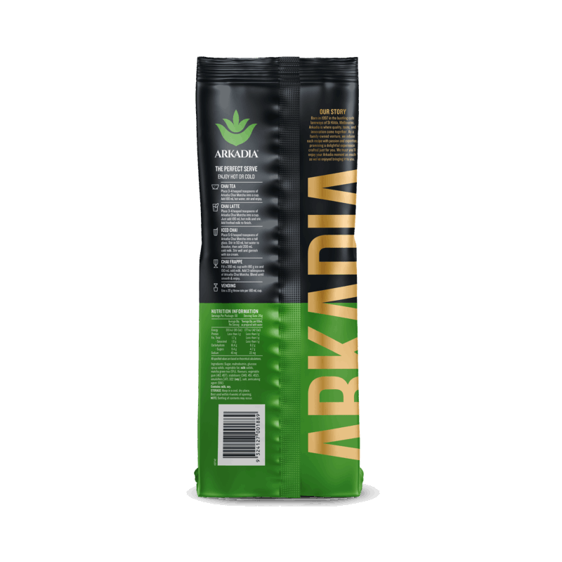 Arkadia Original Matcha Chai latte powder pouch, back of pack
