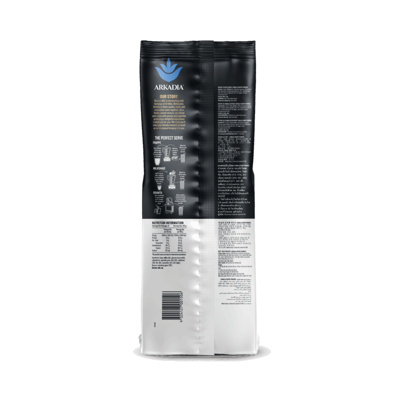 Arkadia vanilla milkshake and frappe base mix, back of pack