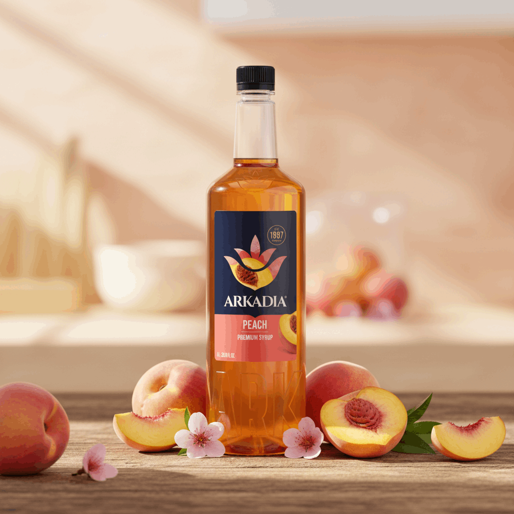 Arkadia Peach syrup 1L bottle, back label