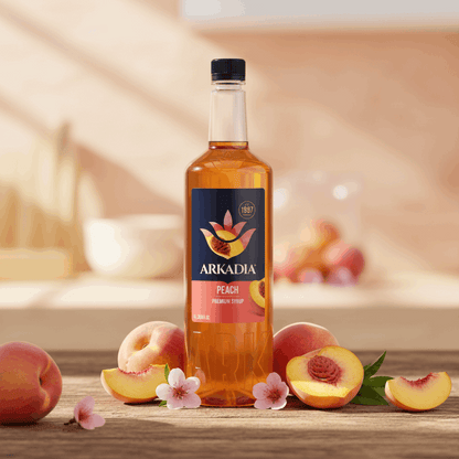 Arkadia Peach syrup 1L bottle, back label