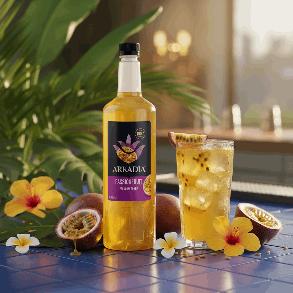Arkadia Passionfruit syrup poured into a glass