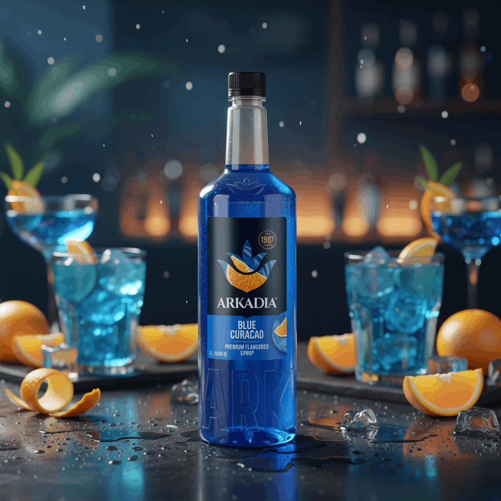 Arkadia Blue Curacao syrup 1L bottle, back label