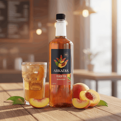 Arkadia Peach Tea syrup 1L bottle, back label