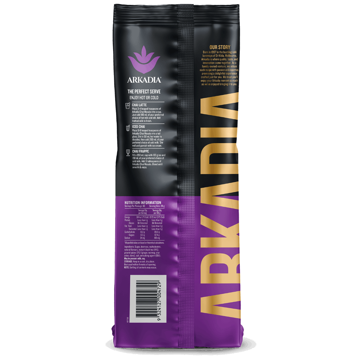 Arkadia coffee packaging with black and purple design on a white background