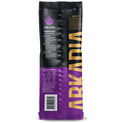 Arkadia coffee packaging with black and purple design on a white background