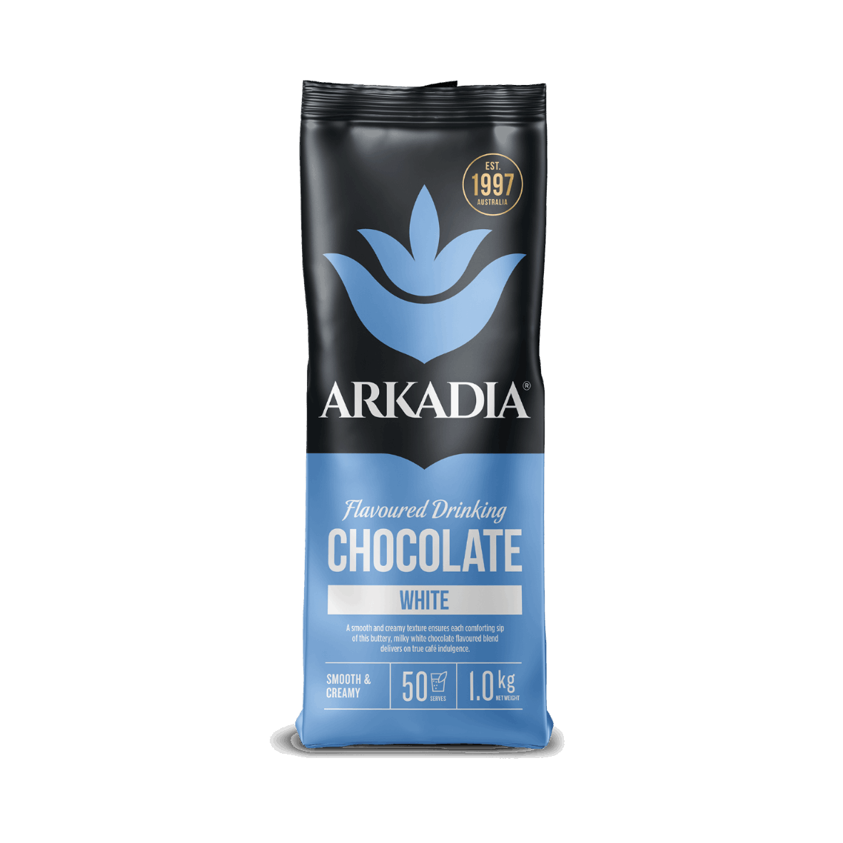 Arkadia white chocolate packaging on a white background