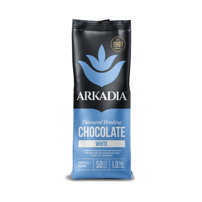 Arkadia white chocolate packaging on a white background