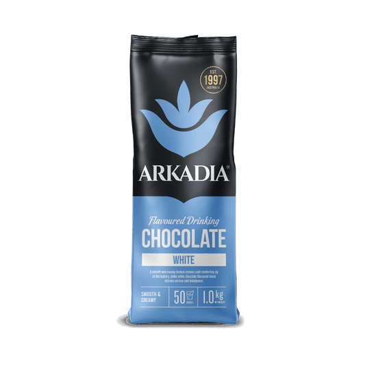 Arkadia white chocolate packaging on a white background