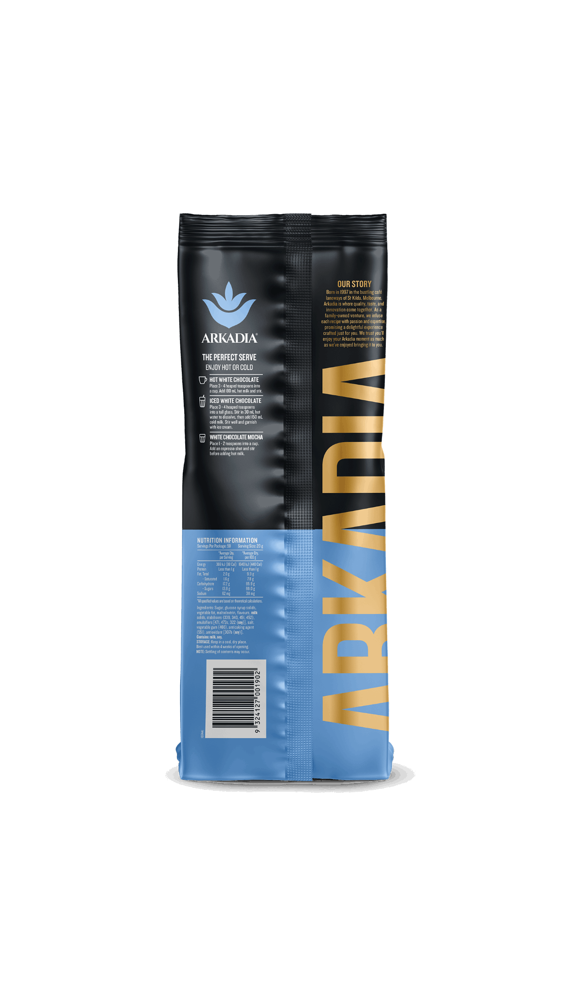 Arkadia coffee package with black and blue design on a white background