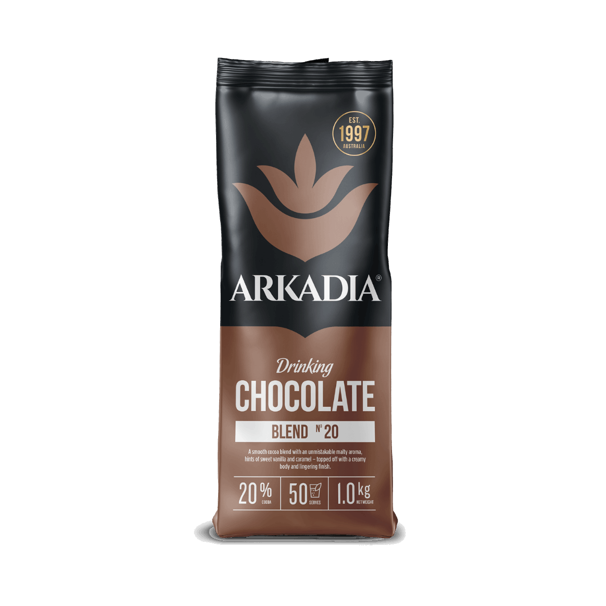 Arkadia drinking chocolate blend package on a white background