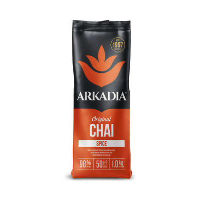 Arkadia Original Spice Chai latte powder pouch, front of pack