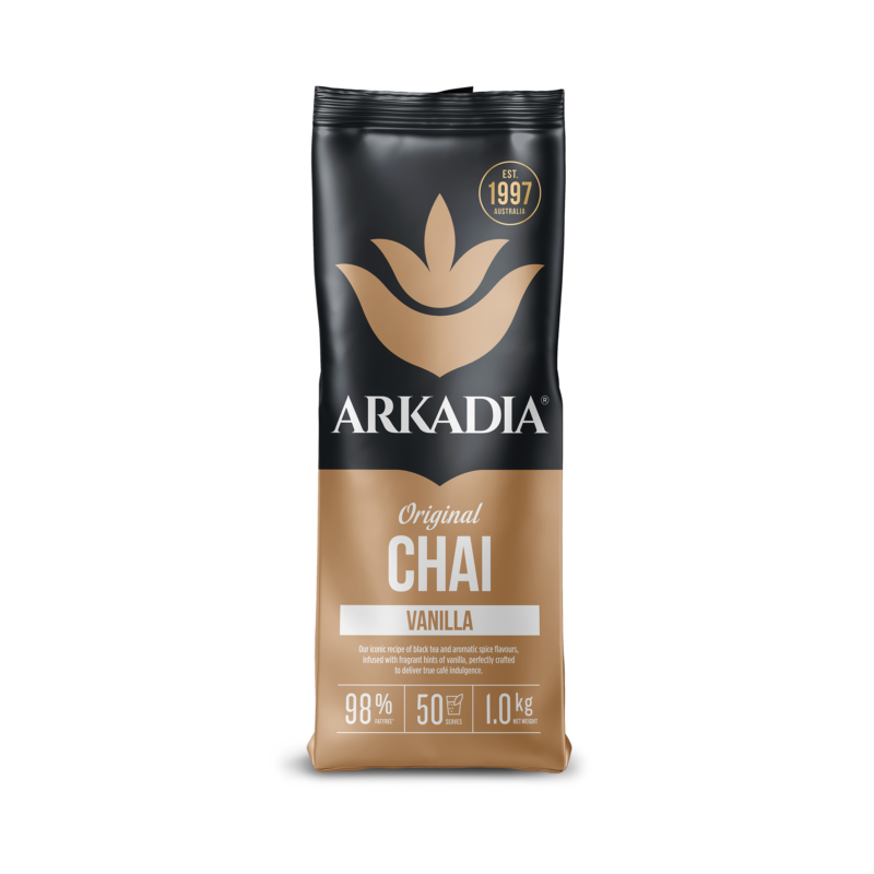 Arkadia Original Vanilla Chai latte powder pouch, front of pack