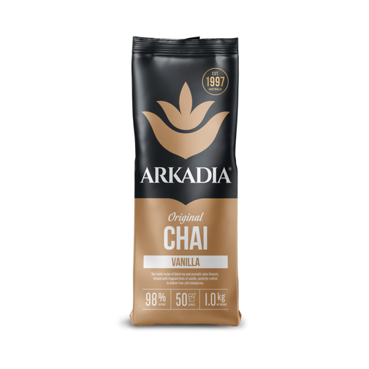 Arkadia Original Vanilla Chai latte powder pouch, front of pack