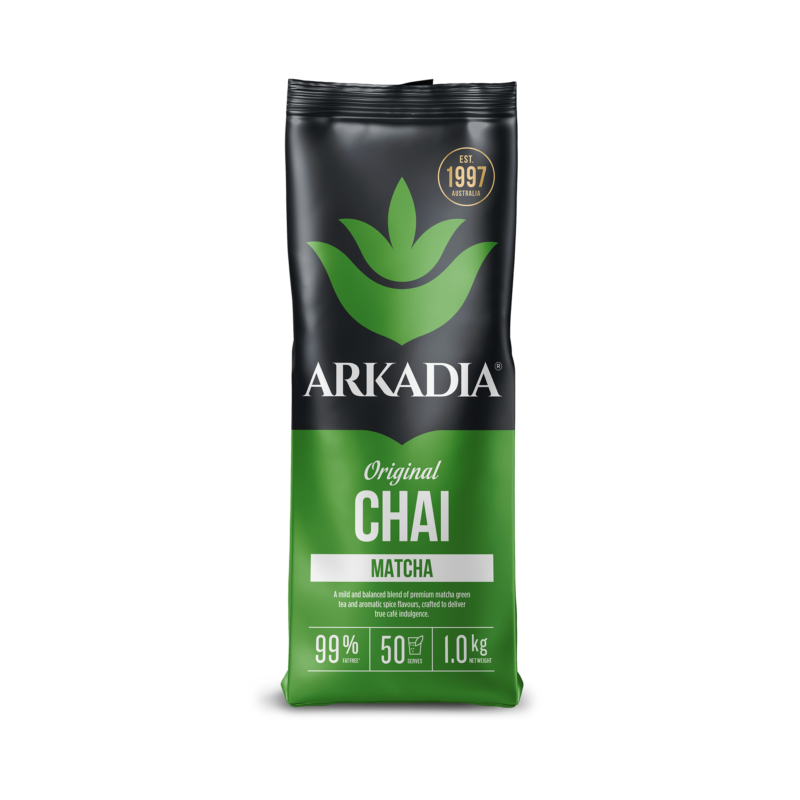 Arkadia Original Matcha Chai latte powder pouch, front of pack