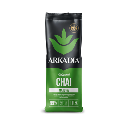 Arkadia Original Matcha Chai latte powder pouch, front of pack