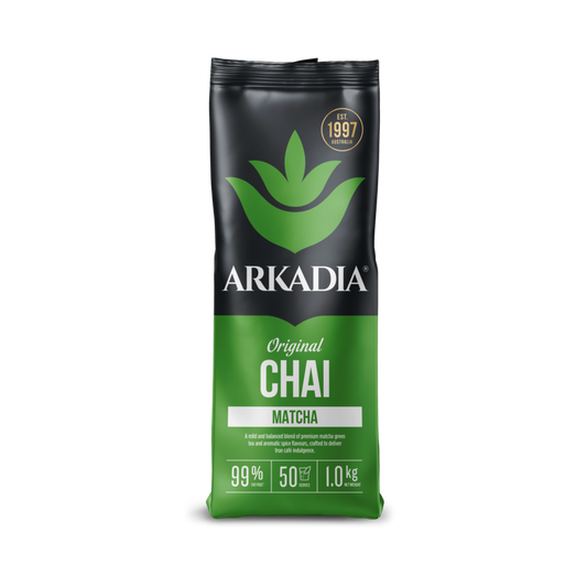 Arkadia Original Matcha Chai latte powder pouch, front of pack