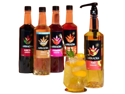 Arkadia fruit syrup bottle on white background