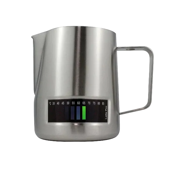 Stainless steel milk pitcher with digital temperature display on a white background