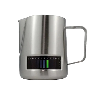 Stainless steel milk pitcher with digital temperature display on a white background