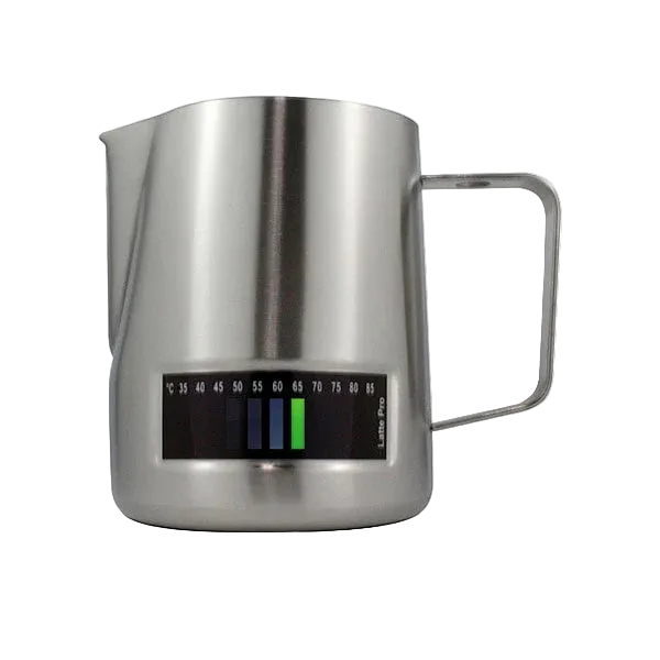 Stainless steel milk pitcher with digital display on a white background