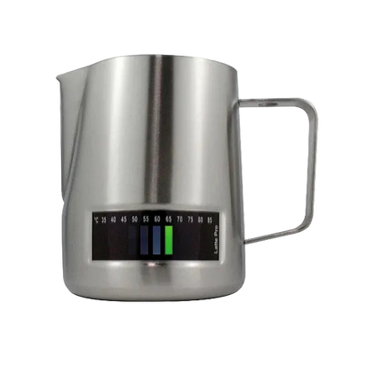 Stainless steel milk pitcher with digital display on a white background