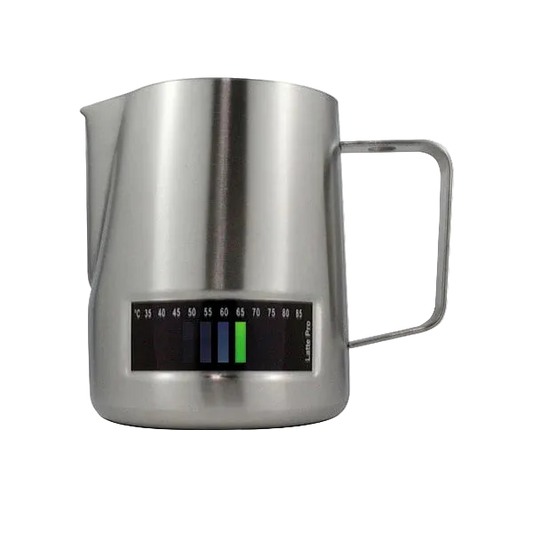 Stainless steel milk pitcher with digital display on a white background
