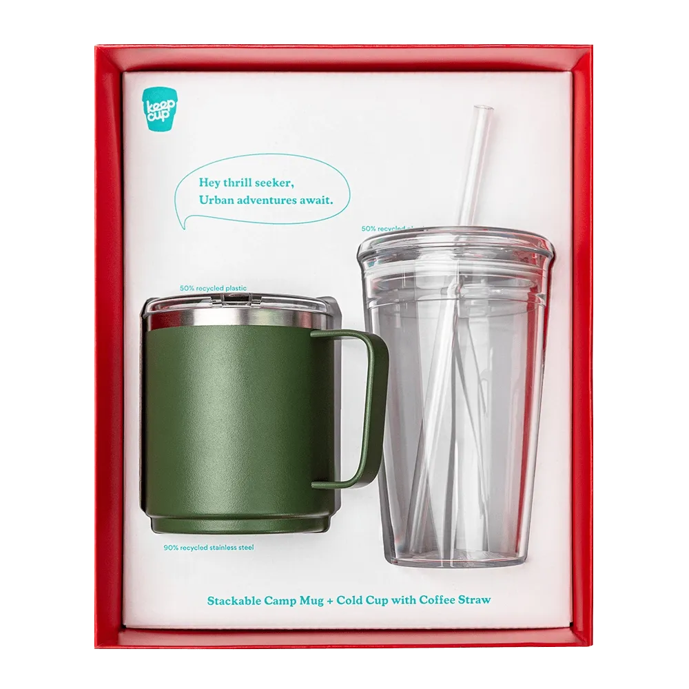 KeepCup Urban Adventurer bundle in green, camp mug and cold cup