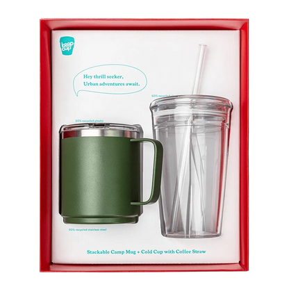 KeepCup Urban Adventurer bundle in green, camp mug and cold cup