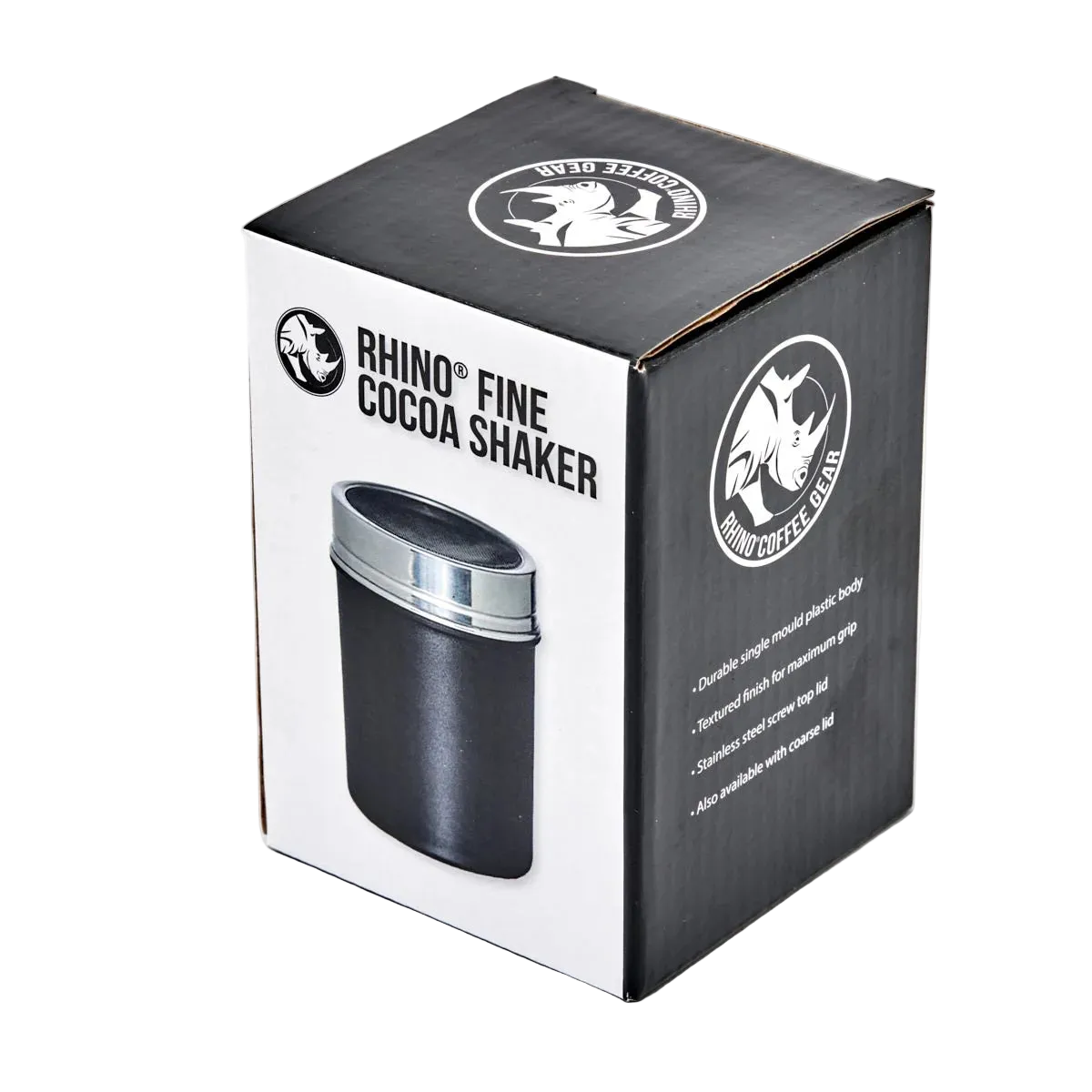 Box packaging of Rhino Fine Cocoa Shaker with branding and product details.